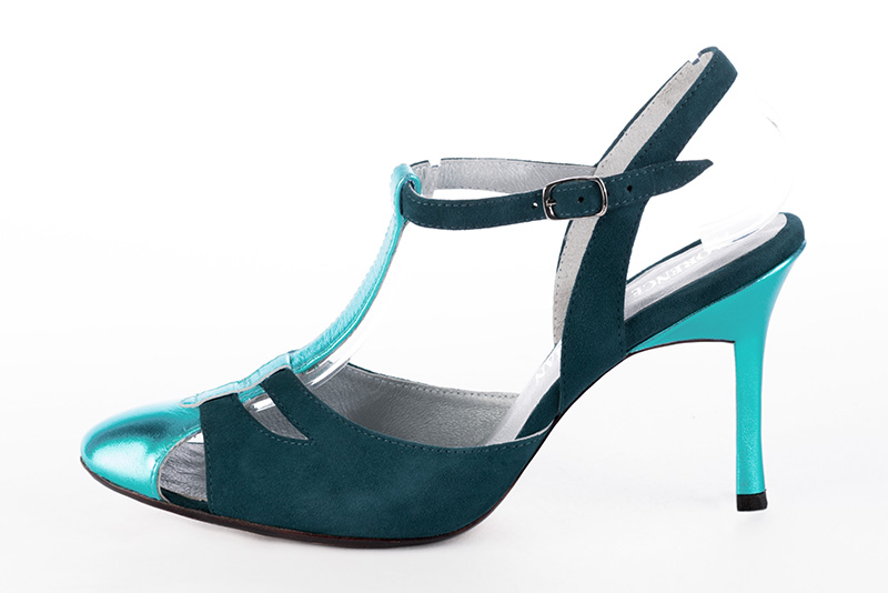 Aquamarine blue women's open back T-strap shoes. Round toe. Very high slim heel. Profile view - Florence KOOIJMAN